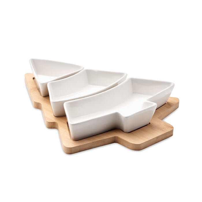 Bambusowy półmisek w kształcie choinki z trzema ceramicznymi miseczkami
