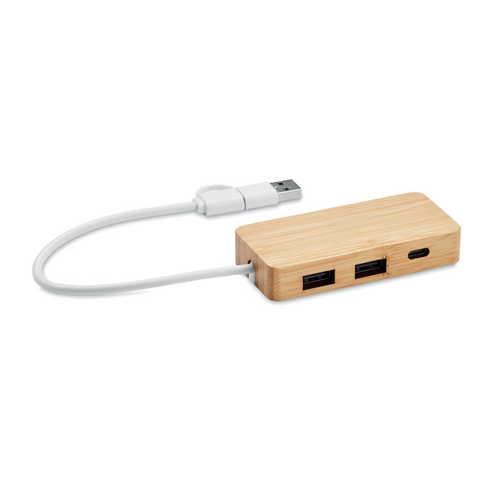 mo2143-40 3-portowy hub USB-C/A w bambusowej obudowie z kablem 20 cm