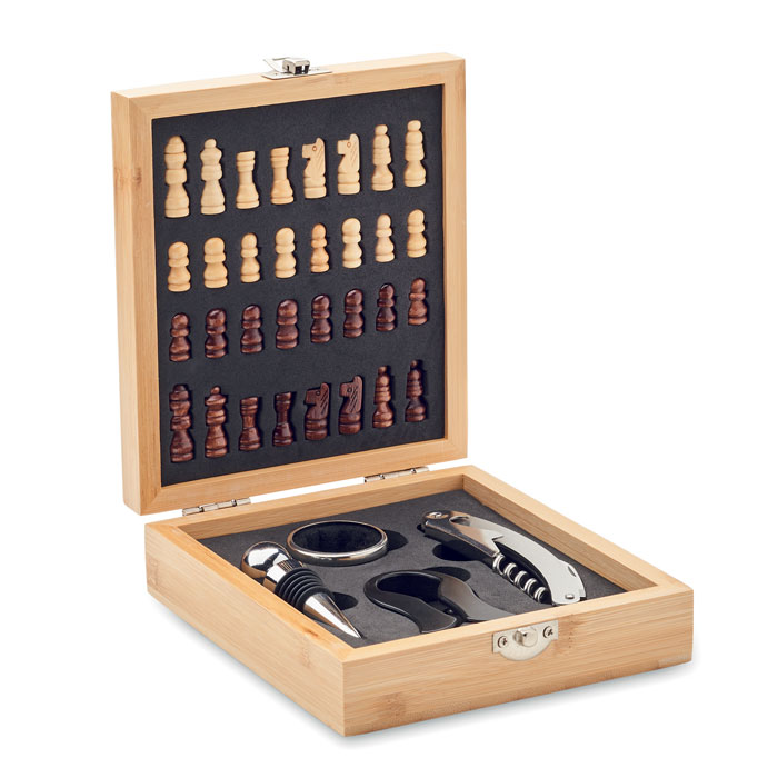 Zestaw do wina w bambusowym pudełku z szachownicą