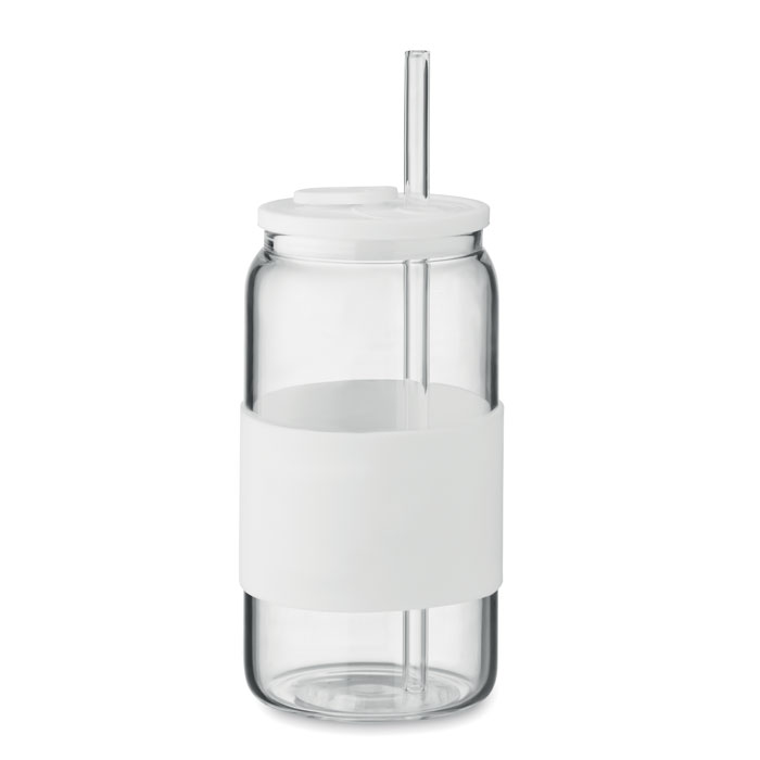 Wysoki borokrzemowy kubek z pokrywką, uchwytem i szklaną słomką, 550 ml
