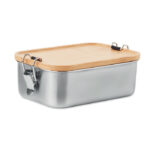 Stalowy lunchbox z bambusową pokrywką i bocznymi klamrami