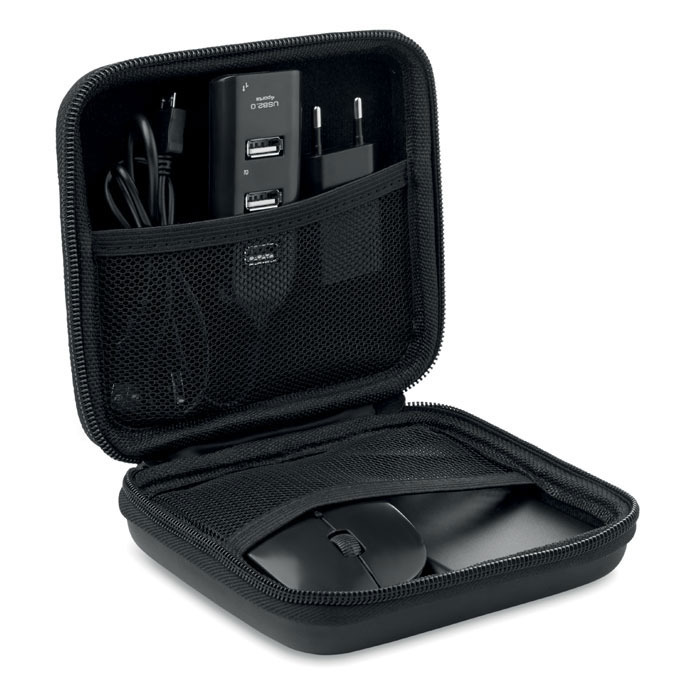 Zestaw akcesoriów komputerowych w etui z myszą bezprzewodową, hubem USB i power bankiem