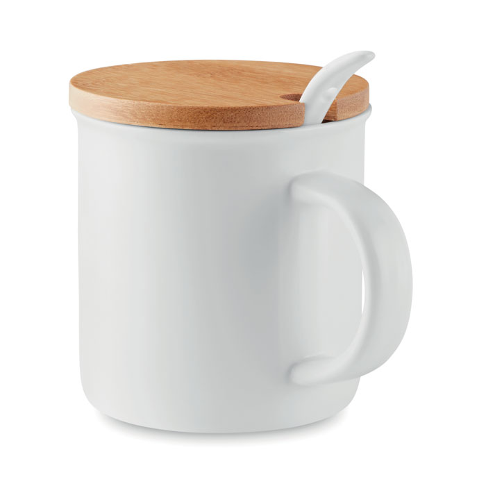 mo9708-06 Porcelanowy kubek z łyżeczką i bambusową pokrywką, 380 ml