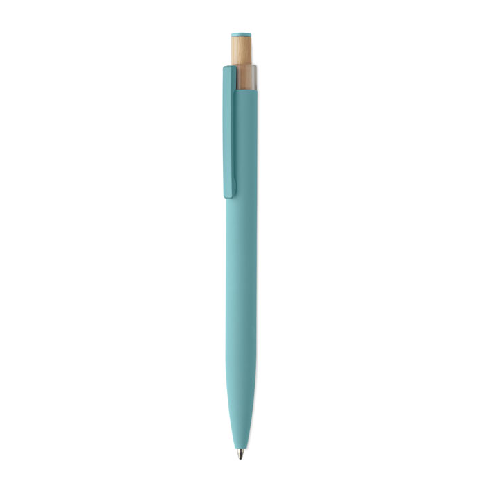 Wciskany aluminiowy długopis z bambusowym przyciskiem w pastelowym kolorze baby blue