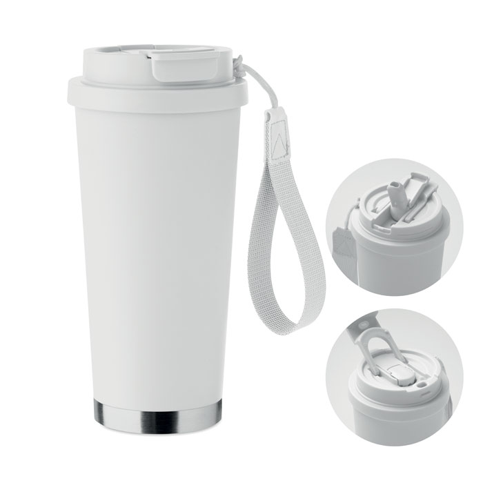 mo2662-06 Dwuścienny kubek ze stali z recyklingu z paskiem i pokrywką 2 w 1, 500 ml