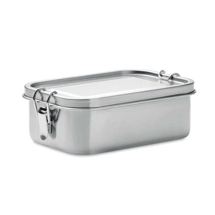 Stalowy lunchbox z zaokrąglonymi rogami i bocznymi klamrami
