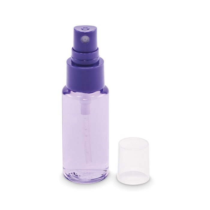 Mgiełka do ciała w sprayu w przezroczystej butelce PET 30 ml, warianty fioletowy i pomarańczowy