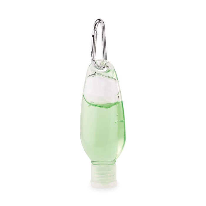 Przezroczysta zielona butelka żelu aloesowego z karabińczykiem, 50 ml