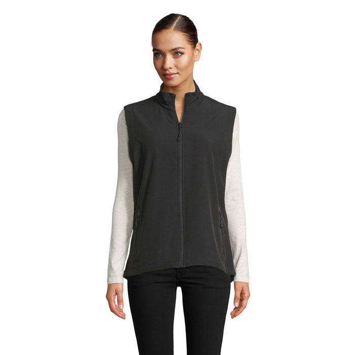 s02888-bk Damska kamizelka softshell na zamek z bocznymi kieszeniami