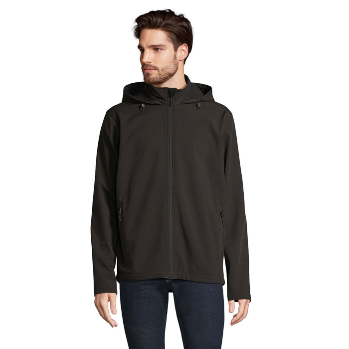 s04447-bk Męska kurtka softshell z kapturem z poliestru z recyklingu